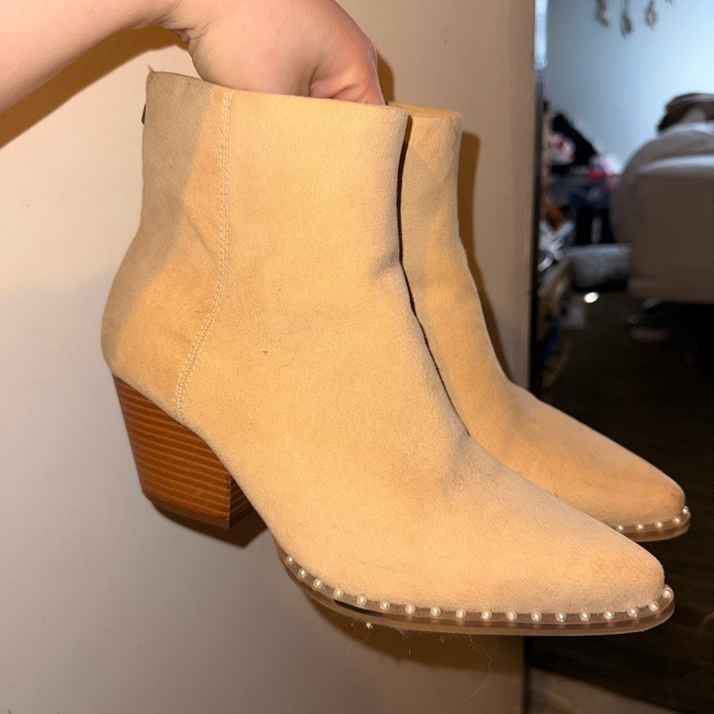 Beige Suede Ankle Boots with Pearl Trim